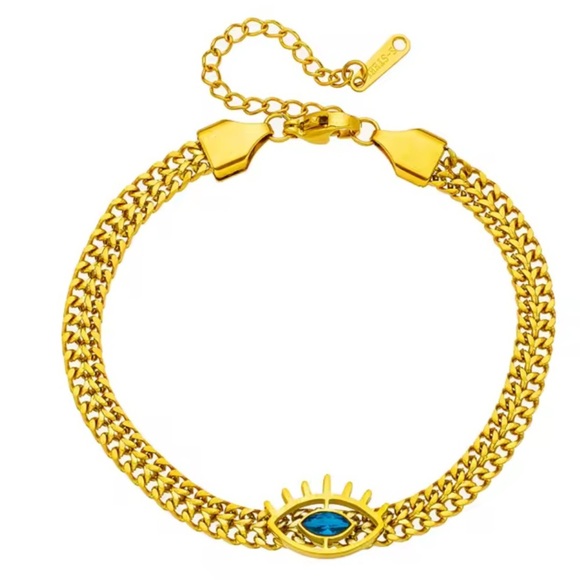 New! Evil blue eye stainless bracelet steel gold color adjustable unique - Picture 4 of 6